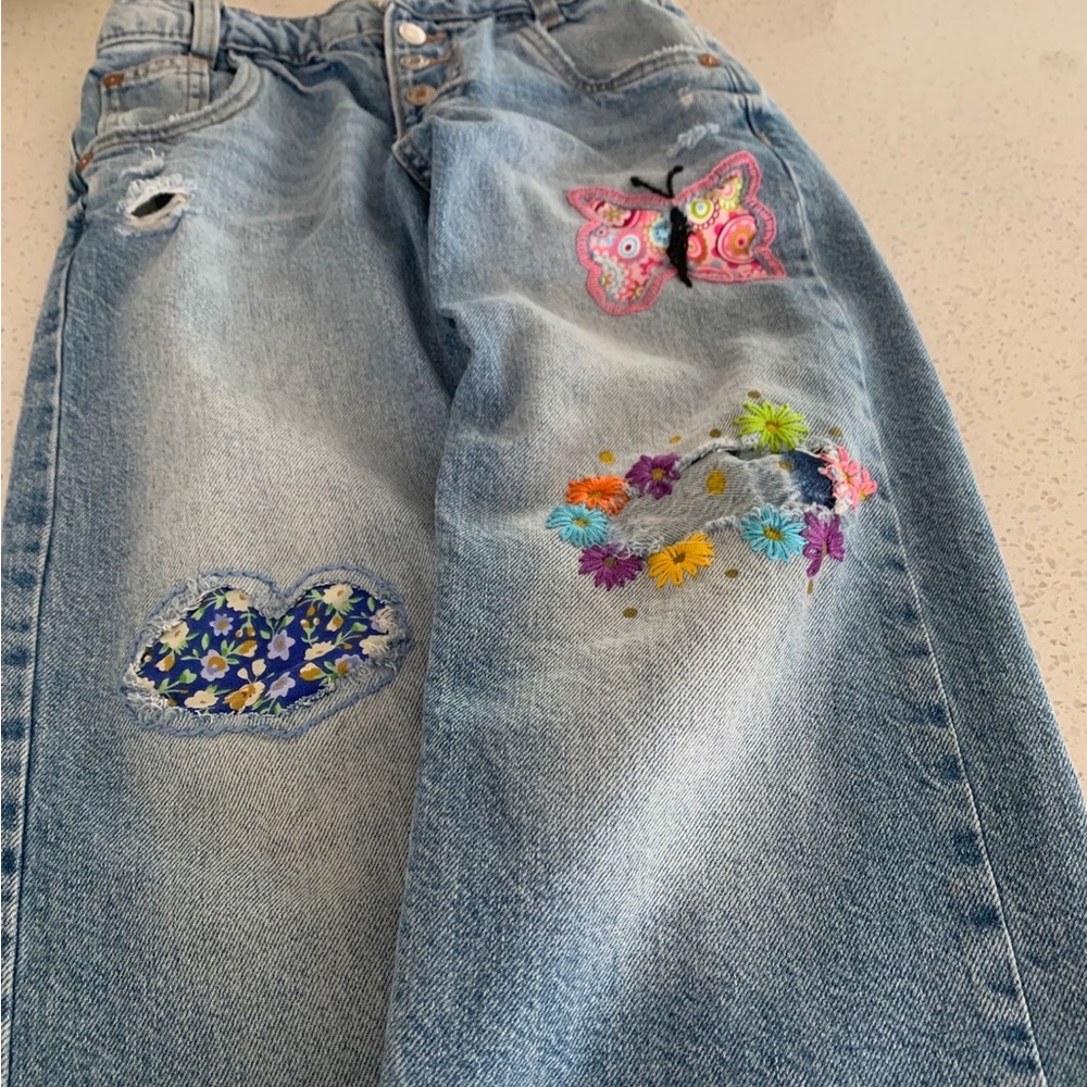 Zara Light Blue Kids Jeans with Handmade Embroidered Butterfly & Floral Patches